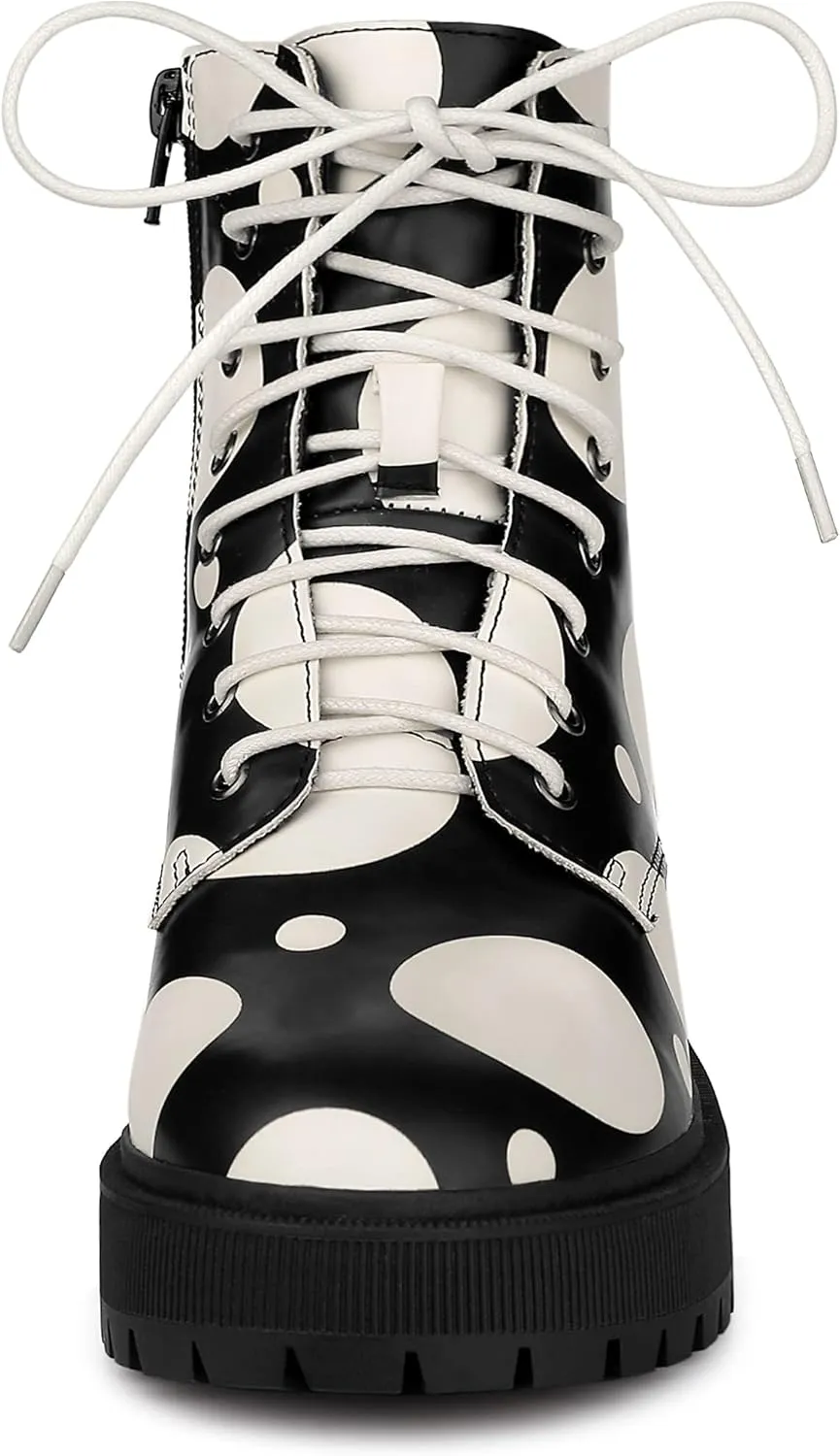 Allegra K Women's Polka Dots Platform Zipper Lace Up Combat Disco Boots