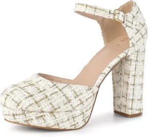 Allegra K Women's Round Toe Platform Tweed Chunky Heels Pumps