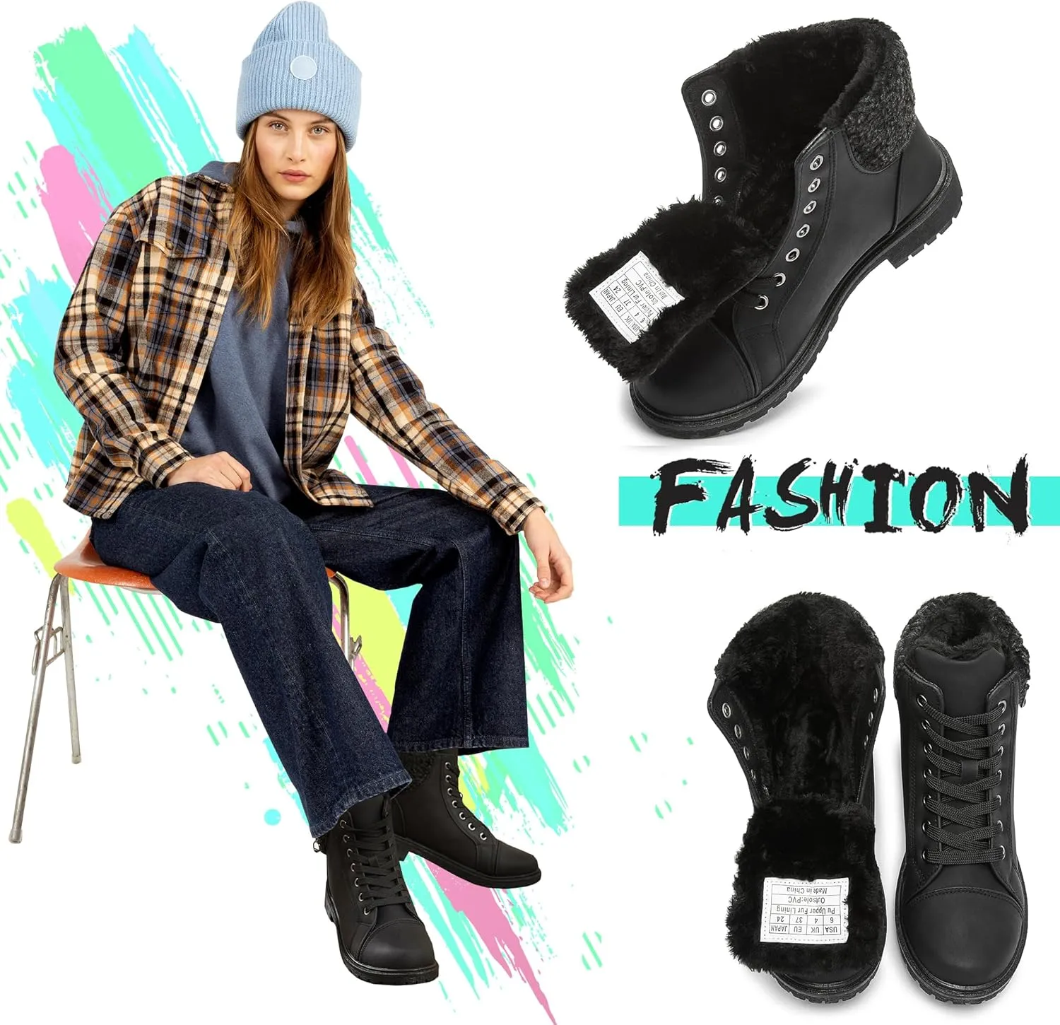 ALTOCIS Women’s Fur Lined Winter Snow Boots Short Mid Calf Fashion Boot Art Resin Button Faux Suede Boots for Women