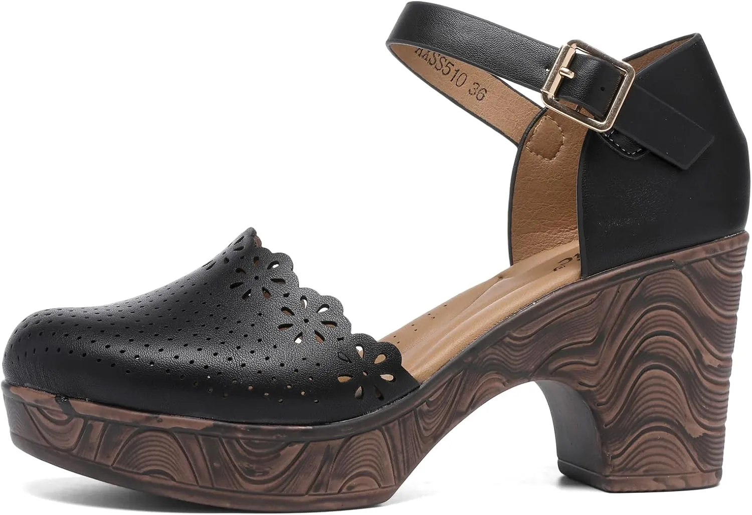 Altxic Women's Closed Round Toe Hollow Out Vamp Ankle Strap Buckle Low Block Chunky Heels Sandals