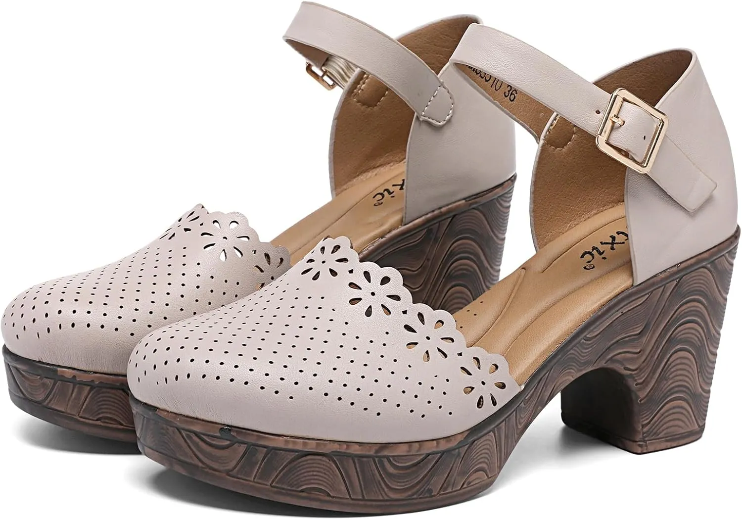 Altxic Women's Closed Round Toe Hollow Out Vamp Ankle Strap Buckle Low Block Chunky Heels Sandals