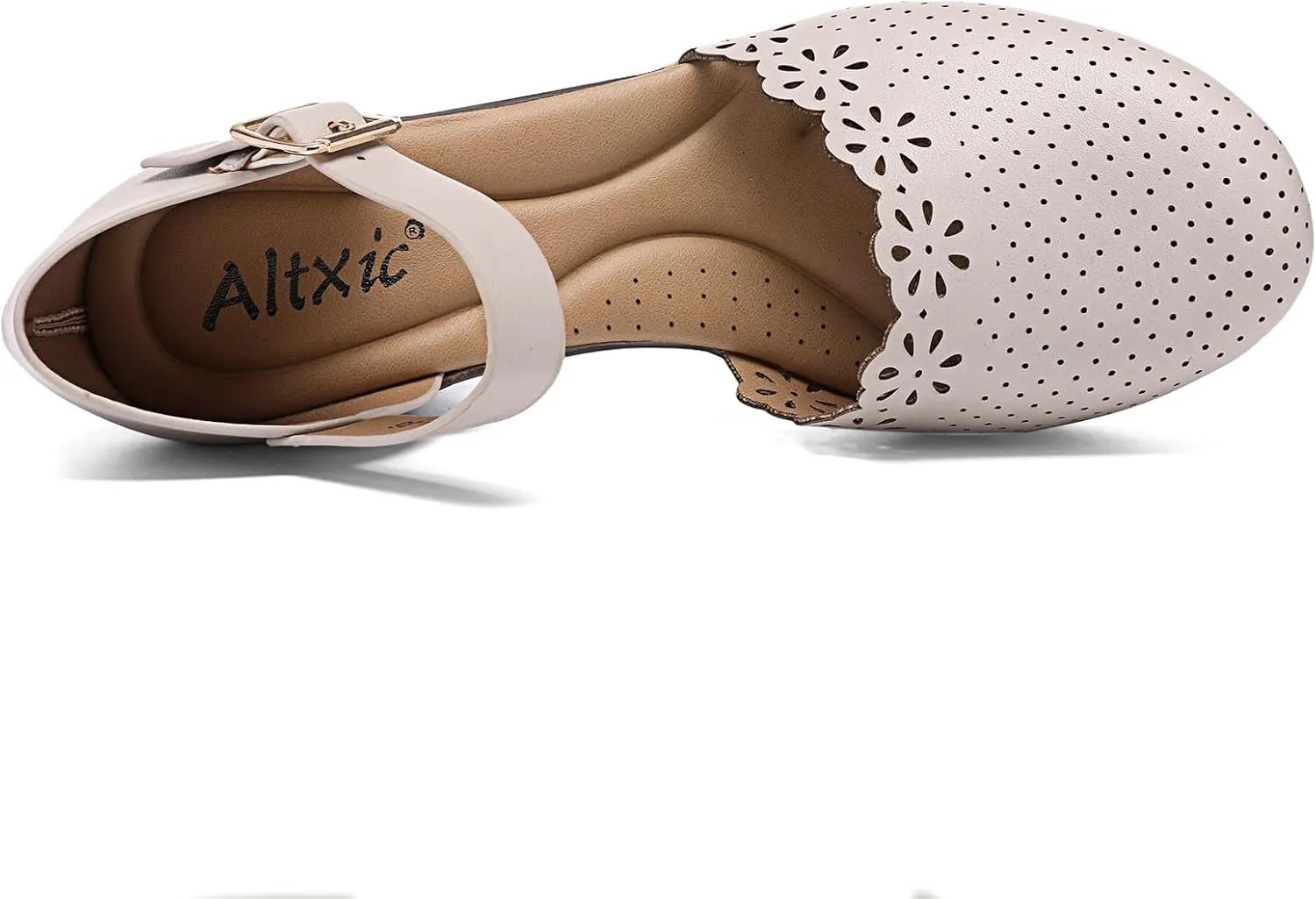 Altxic Women's Closed Round Toe Hollow Out Vamp Ankle Strap Buckle Low Block Chunky Heels Sandals