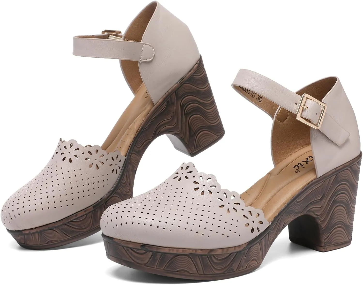 Altxic Women's Closed Round Toe Hollow Out Vamp Ankle Strap Buckle Low Block Chunky Heels Sandals