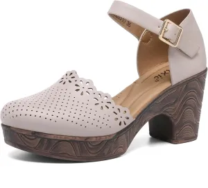 Altxic Women's Closed Round Toe Hollow Out Vamp Ankle Strap Buckle Low Block Chunky Heels Sandals