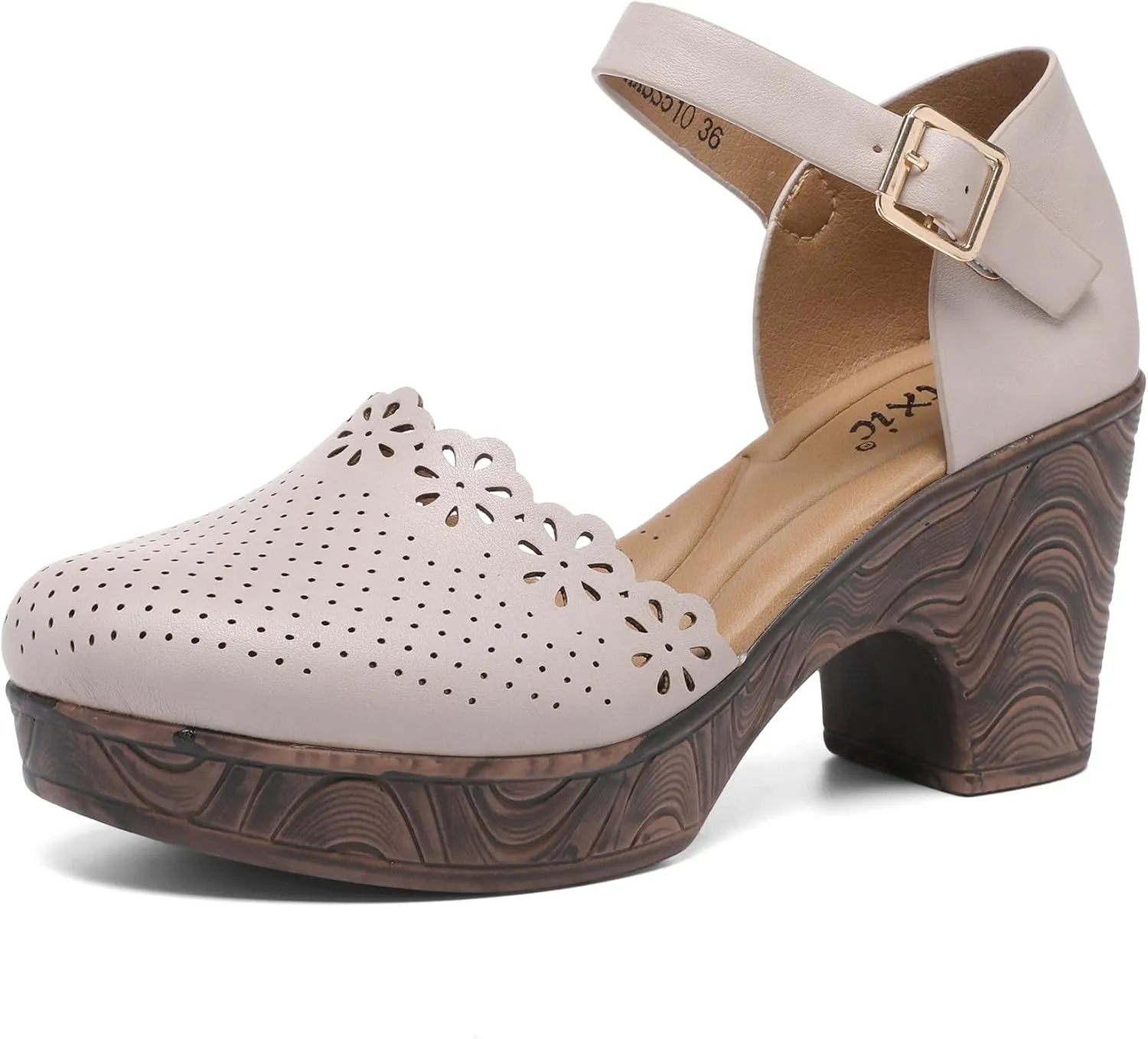 Altxic Women's Closed Round Toe Hollow Out Vamp Ankle Strap Buckle Low Block Chunky Heels Sandals