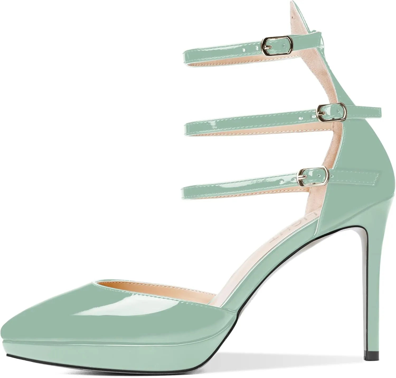 AMBELIGHT Womens Evening Patent Ankle Strap Dress Heels Buckle Pointed Toe Platform Stiletto High Heel Pumps Shoes 4 Inch