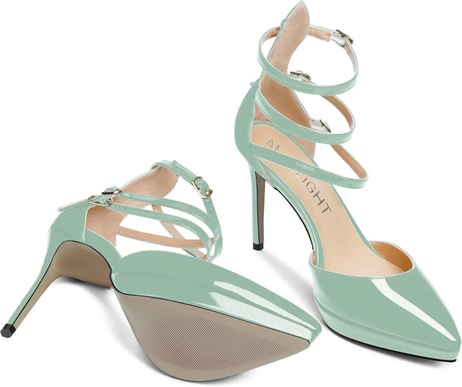 AMBELIGHT Womens Evening Patent Ankle Strap Dress Heels Buckle Pointed Toe Platform Stiletto High Heel Pumps Shoes 4 Inch