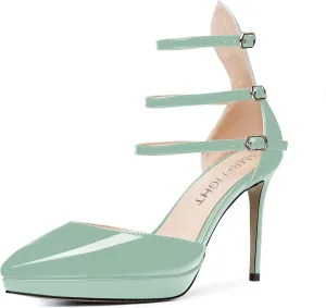 AMBELIGHT Womens Evening Patent Ankle Strap Dress Heels Buckle Pointed Toe Platform Stiletto High Heel Pumps Shoes 4 Inch