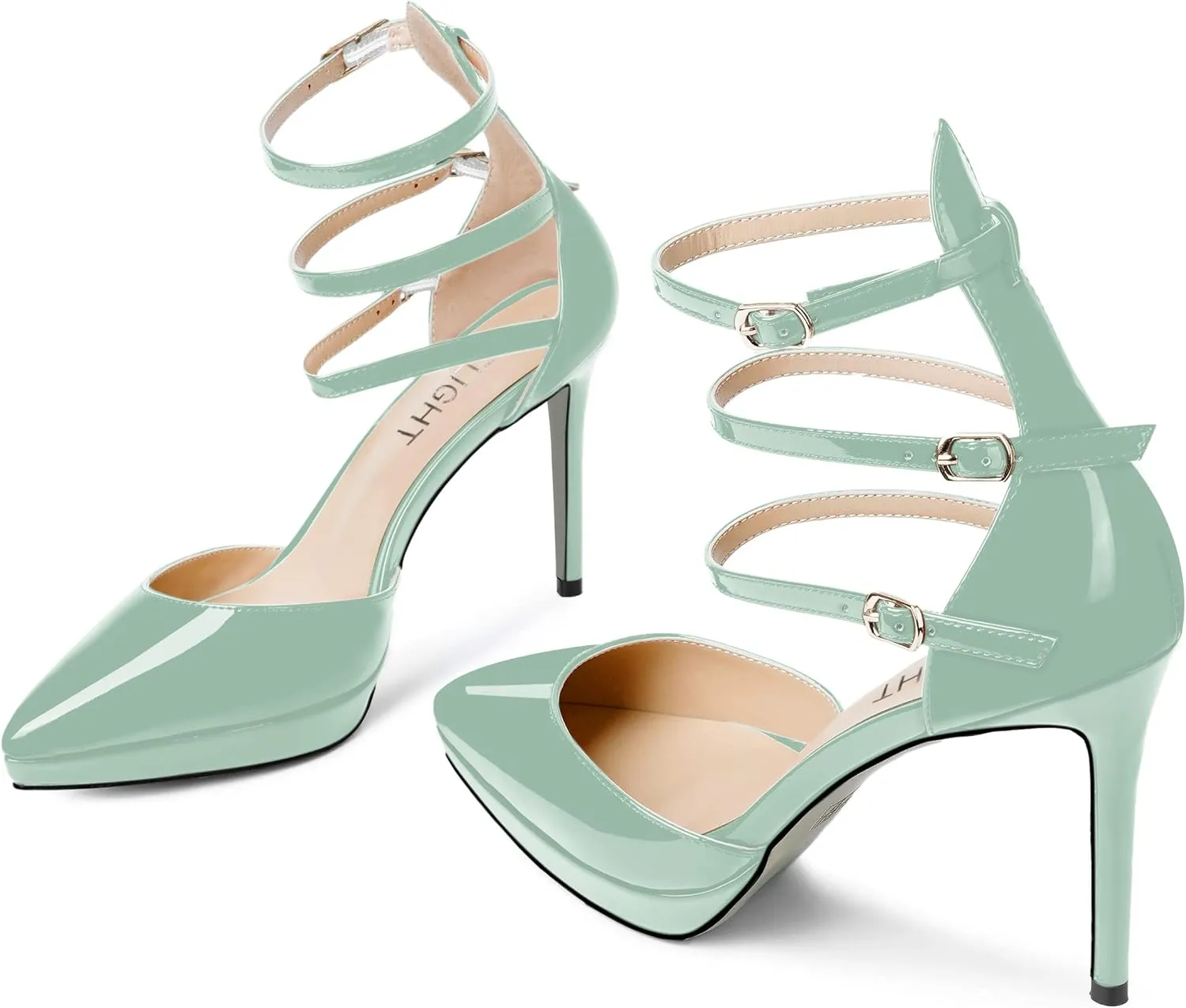 AMBELIGHT Womens Evening Patent Ankle Strap Dress Heels Buckle Pointed Toe Platform Stiletto High Heel Pumps Shoes 4 Inch