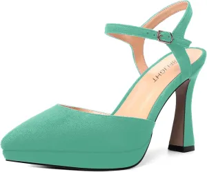 AMBELIGHT Womens Platform Pointed Toe Ankle Strap Dress Buckle Dress Shoes Suede Evening Stiletto High Heel Pumps Shoes 4 Inch