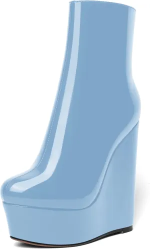 AMBELIGHT Womens Zip Patent Party Platform Round Toe Fashion Wedge High Heel Ankle High Boots 6 Inch