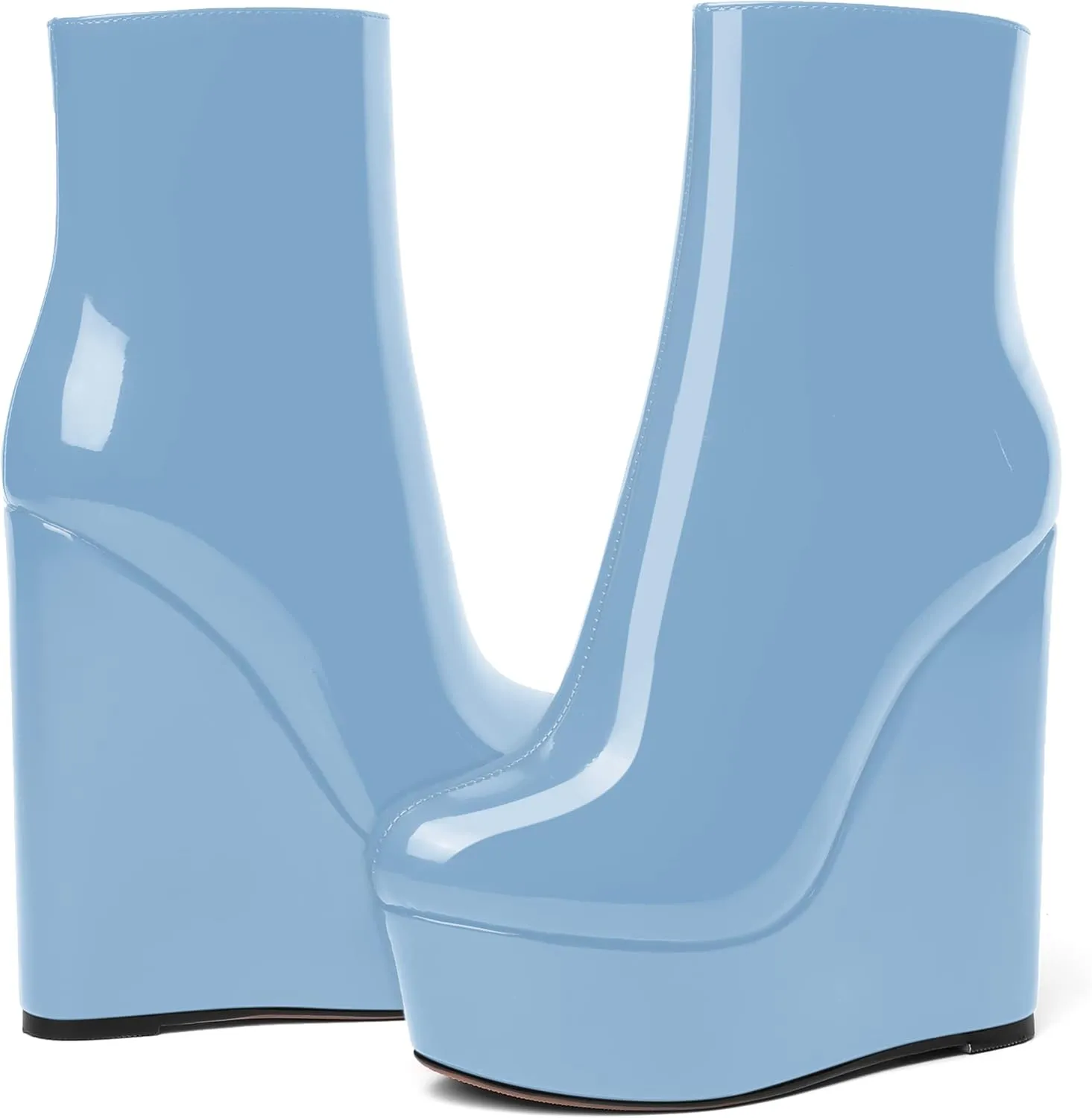 AMBELIGHT Womens Zip Patent Party Platform Round Toe Fashion Wedge High Heel Ankle High Boots 6 Inch