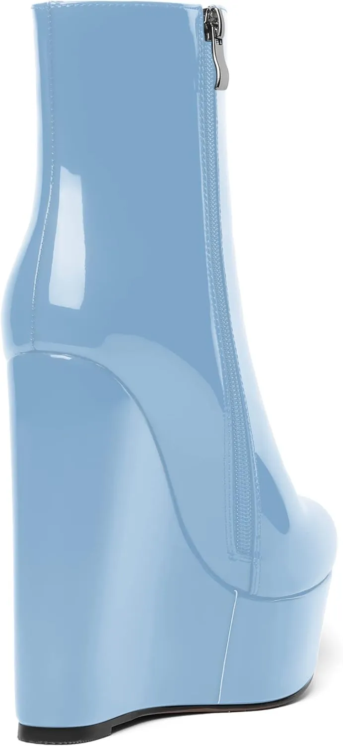 AMBELIGHT Womens Zip Patent Party Platform Round Toe Fashion Wedge High Heel Ankle High Boots 6 Inch