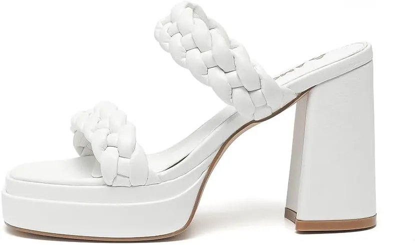Amoji Women 4 Inch Platform Chunky Heels Two Strap Slip On Heeled Braided Sandals 314