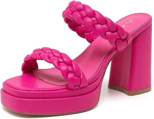 Amoji Women 4 Inch Platform Chunky Heels Two Strap Slip On Heeled Braided Sandals 314
