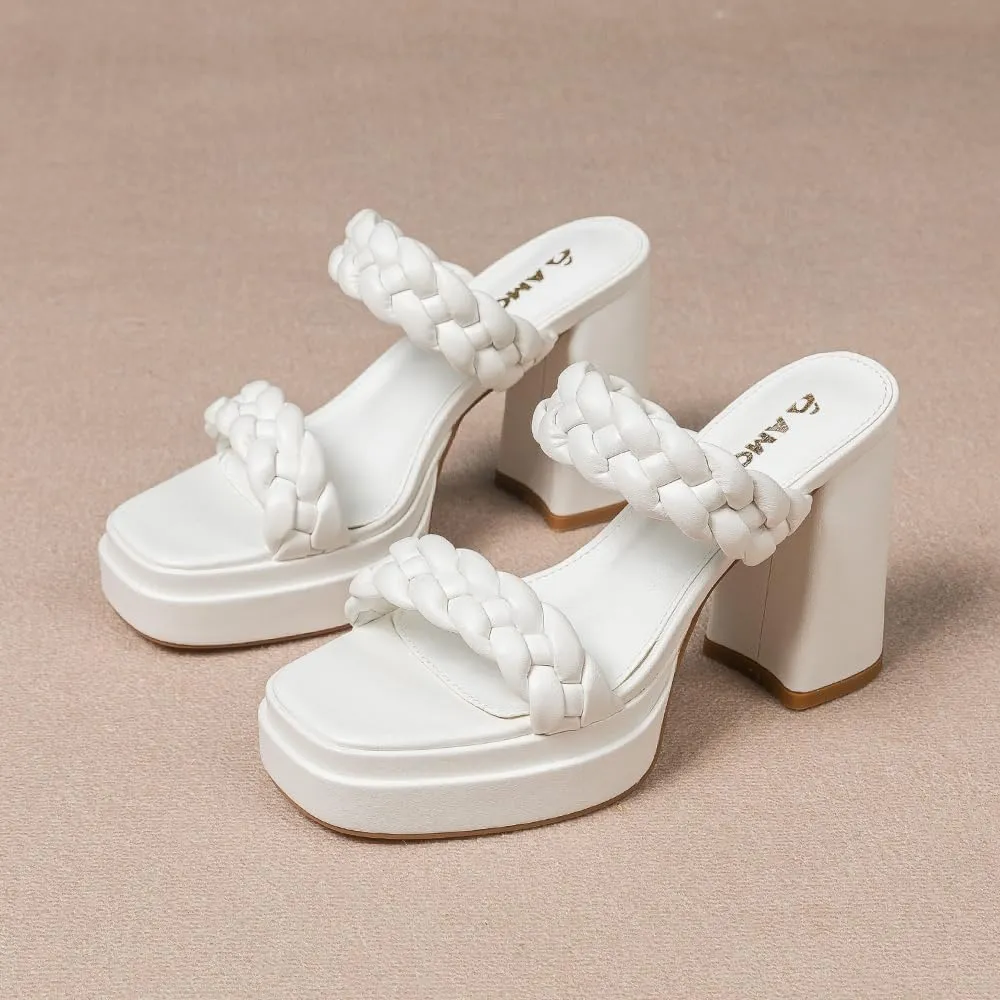 Amoji Women 4 Inch Platform Chunky Heels Two Strap Slip On Heeled Braided Sandals 314