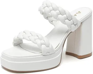 Amoji Women 4 Inch Platform Chunky Heels Two Strap Slip On Heeled Braided Sandals 314
