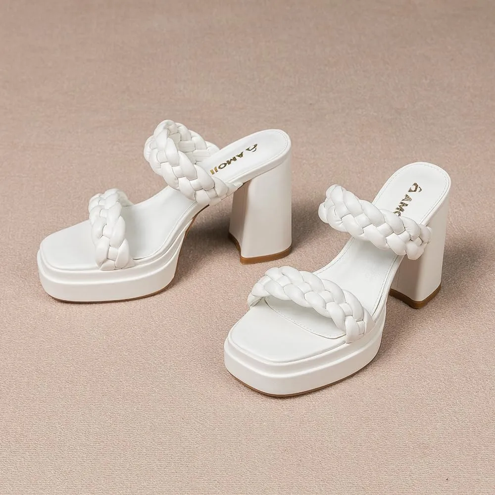 Amoji Women 4 Inch Platform Chunky Heels Two Strap Slip On Heeled Braided Sandals 314