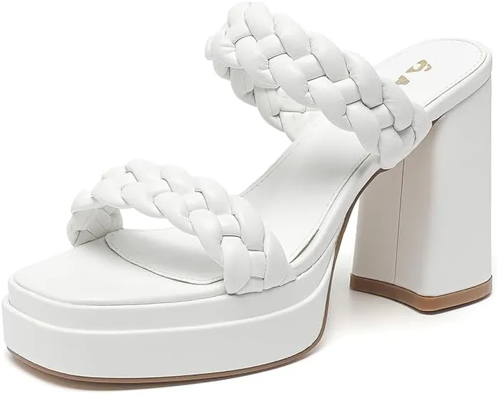 Amoji Women 4 Inch Platform Chunky Heels Two Strap Slip On Heeled Braided Sandals 314