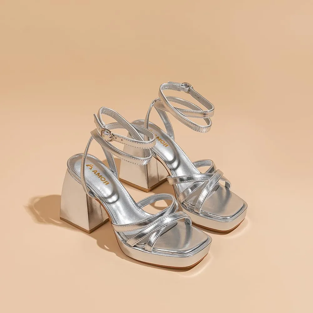 Amoji Women's 4 Inch Platform Chunky Heel Strappy Ankle Strap Block Heeled Sandals 305