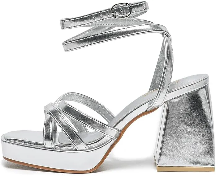 Amoji Women's 4 Inch Platform Chunky Heel Strappy Ankle Strap Block Heeled Sandals 305