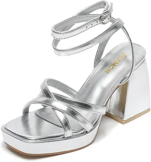 Amoji Women's 4 Inch Platform Chunky Heel Strappy Ankle Strap Block Heeled Sandals 305