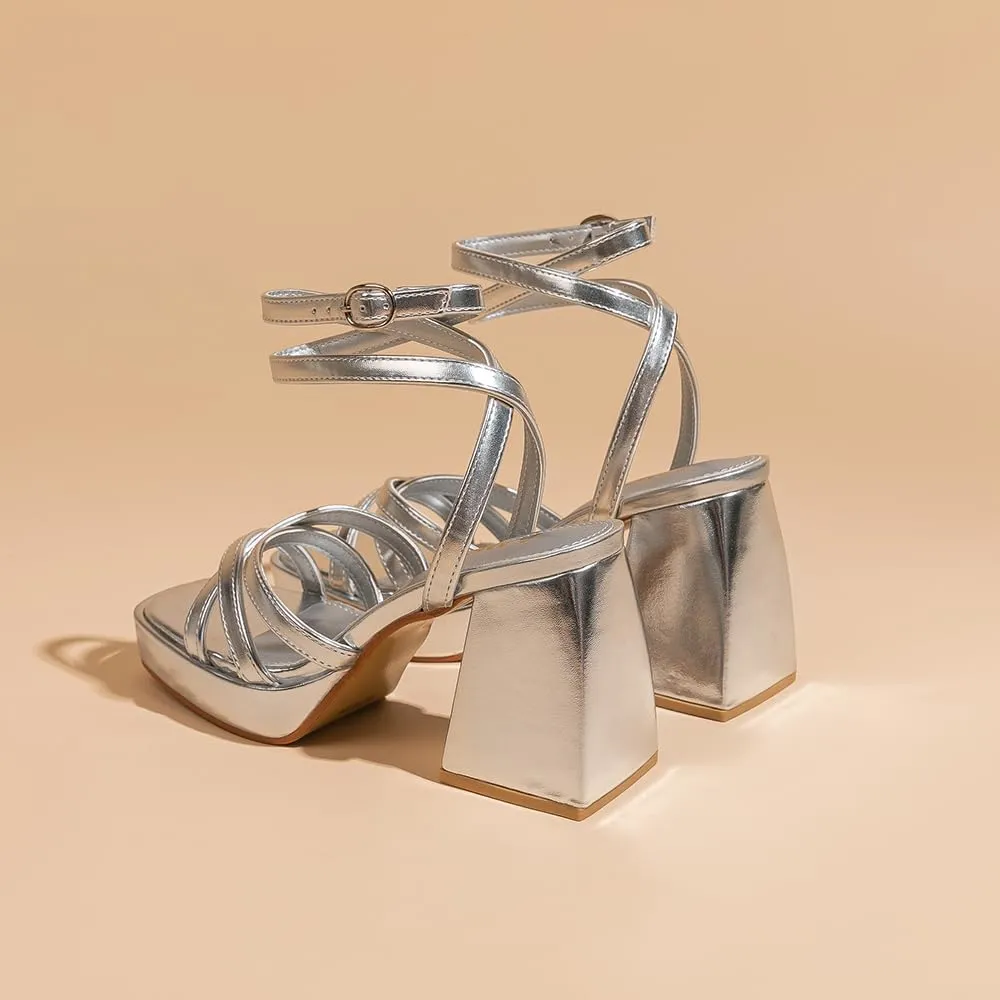 Amoji Women's 4 Inch Platform Chunky Heel Strappy Ankle Strap Block Heeled Sandals 305
