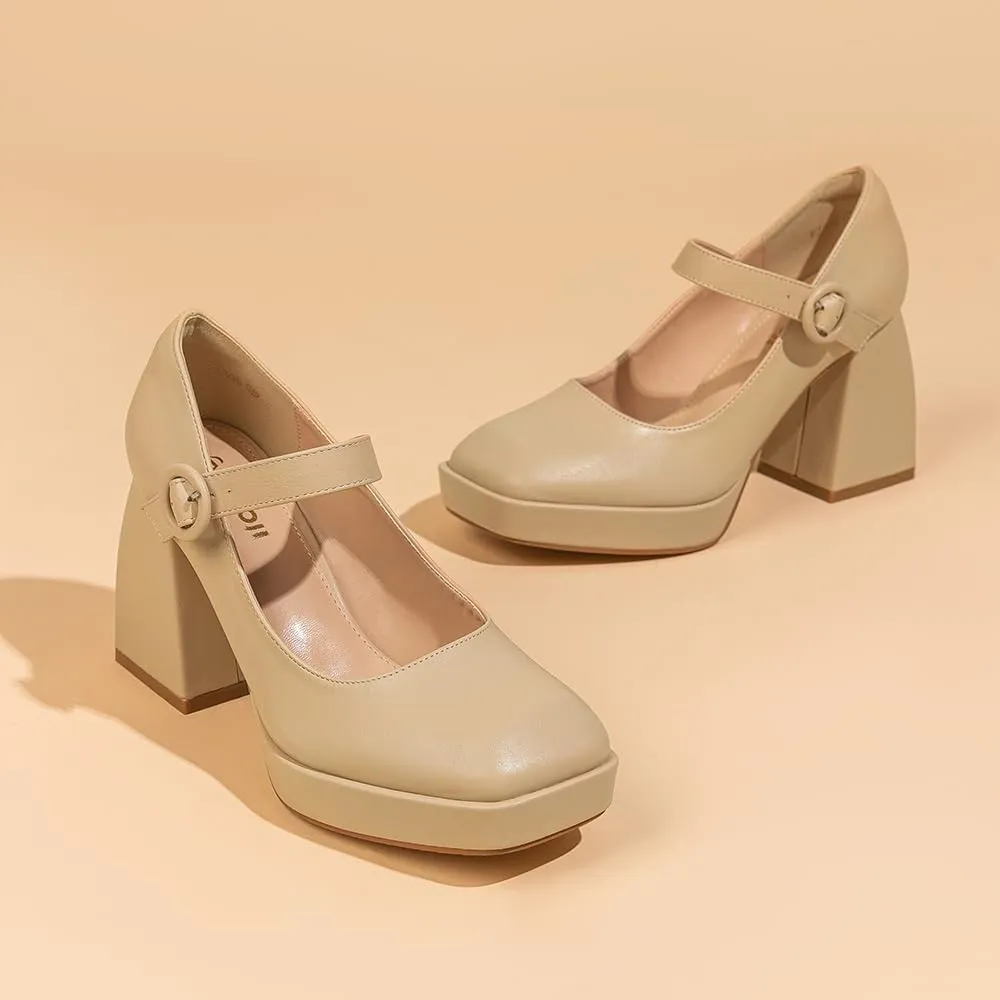Amoji Women's 4 Inch Platform Mary Janes Shoes High Chunky Heels Bridal Dress Wedding Party Pump Shoes 306