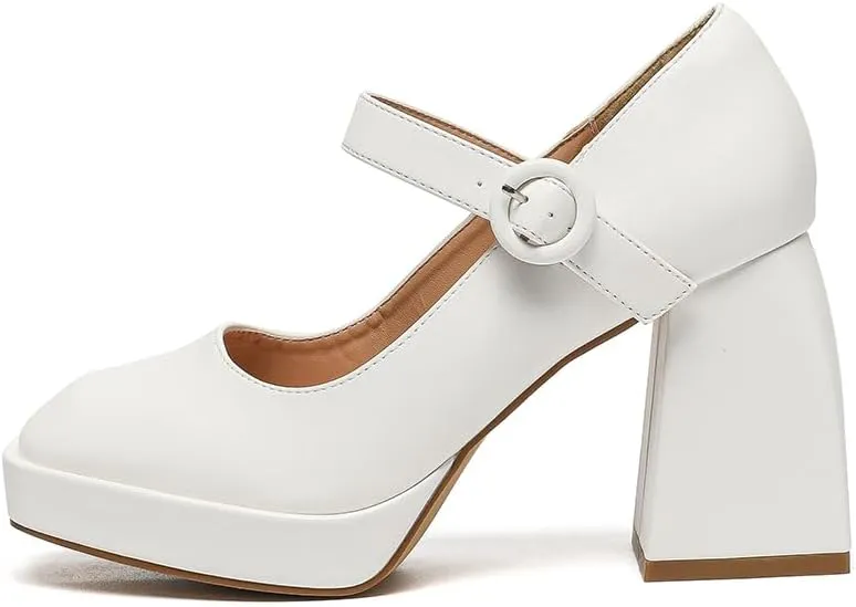 Amoji Women's 4 Inch Platform Mary Janes Shoes High Chunky Heels Bridal Dress Wedding Party Pump Shoes 306
