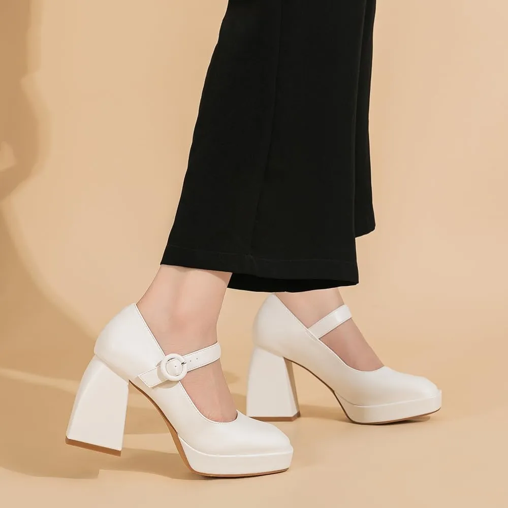 Amoji Women's 4 Inch Platform Mary Janes Shoes High Chunky Heels Bridal Dress Wedding Party Pump Shoes 306