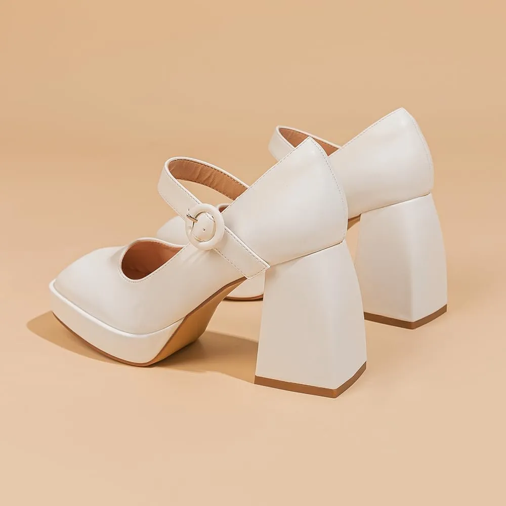 Amoji Women's 4 Inch Platform Mary Janes Shoes High Chunky Heels Bridal Dress Wedding Party Pump Shoes 306