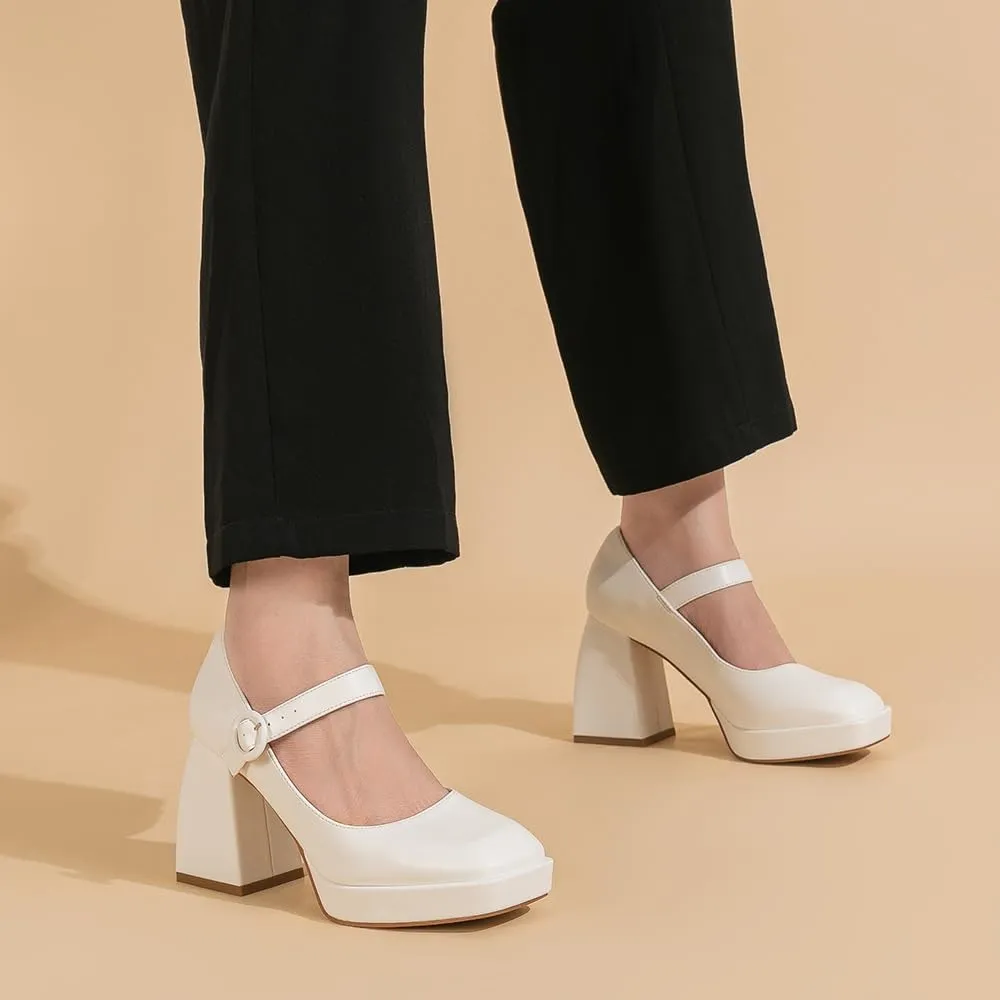 Amoji Women's 4 Inch Platform Mary Janes Shoes High Chunky Heels Bridal Dress Wedding Party Pump Shoes 306