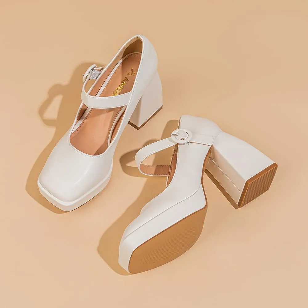 Amoji Women's 4 Inch Platform Mary Janes Shoes High Chunky Heels Bridal Dress Wedding Party Pump Shoes 306