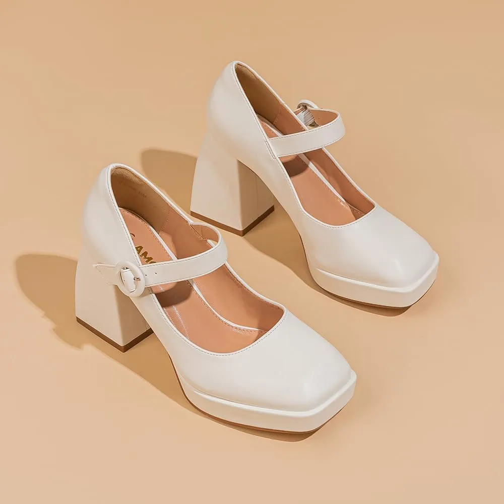 Amoji Women's 4 Inch Platform Mary Janes Shoes High Chunky Heels Bridal Dress Wedding Party Pump Shoes 306