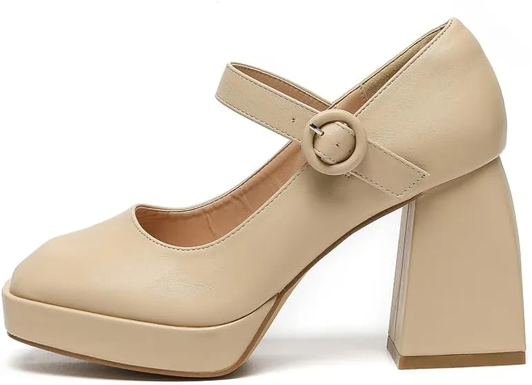 Amoji Women's 4 Inch Platform Mary Janes Shoes High Chunky Heels Bridal Dress Wedding Party Pump Shoes 306