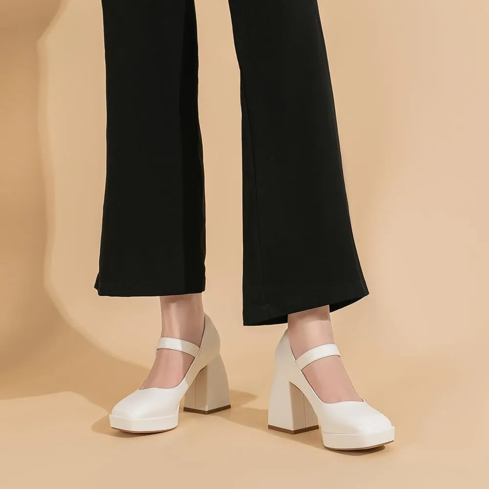 Amoji Women's 4 Inch Platform Mary Janes Shoes High Chunky Heels Bridal Dress Wedding Party Pump Shoes 306
