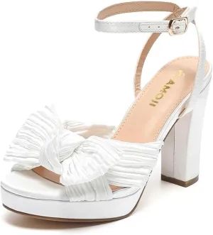Amoji Women's Chunky Platform Heels 4'' Bowknot Heeled Sandal Wedding With Ankle Strap 302F4