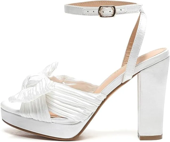 Amoji Women's Chunky Platform Heels 4'' Bowknot Heeled Sandal Wedding With Ankle Strap 302F4
