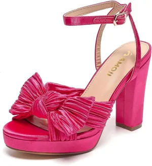 Amoji Women's Chunky Platform Heels 4'' Bowknot Heeled Sandal Wedding With Ankle Strap 302F4