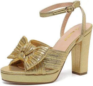 Amoji Women's Chunky Platform Heels 4'' Bowknot Heeled Sandal Wedding With Ankle Strap 302F4