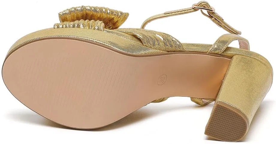 Amoji Women's Chunky Platform Heels 4'' Bowknot Heeled Sandal Wedding With Ankle Strap 302F4