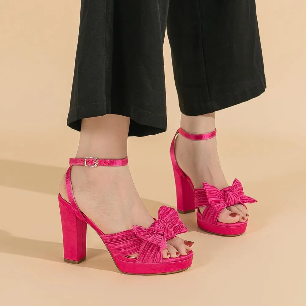 Amoji Women's Chunky Platform Heels 4'' Bowknot Heeled Sandal Wedding With Ankle Strap 302F4