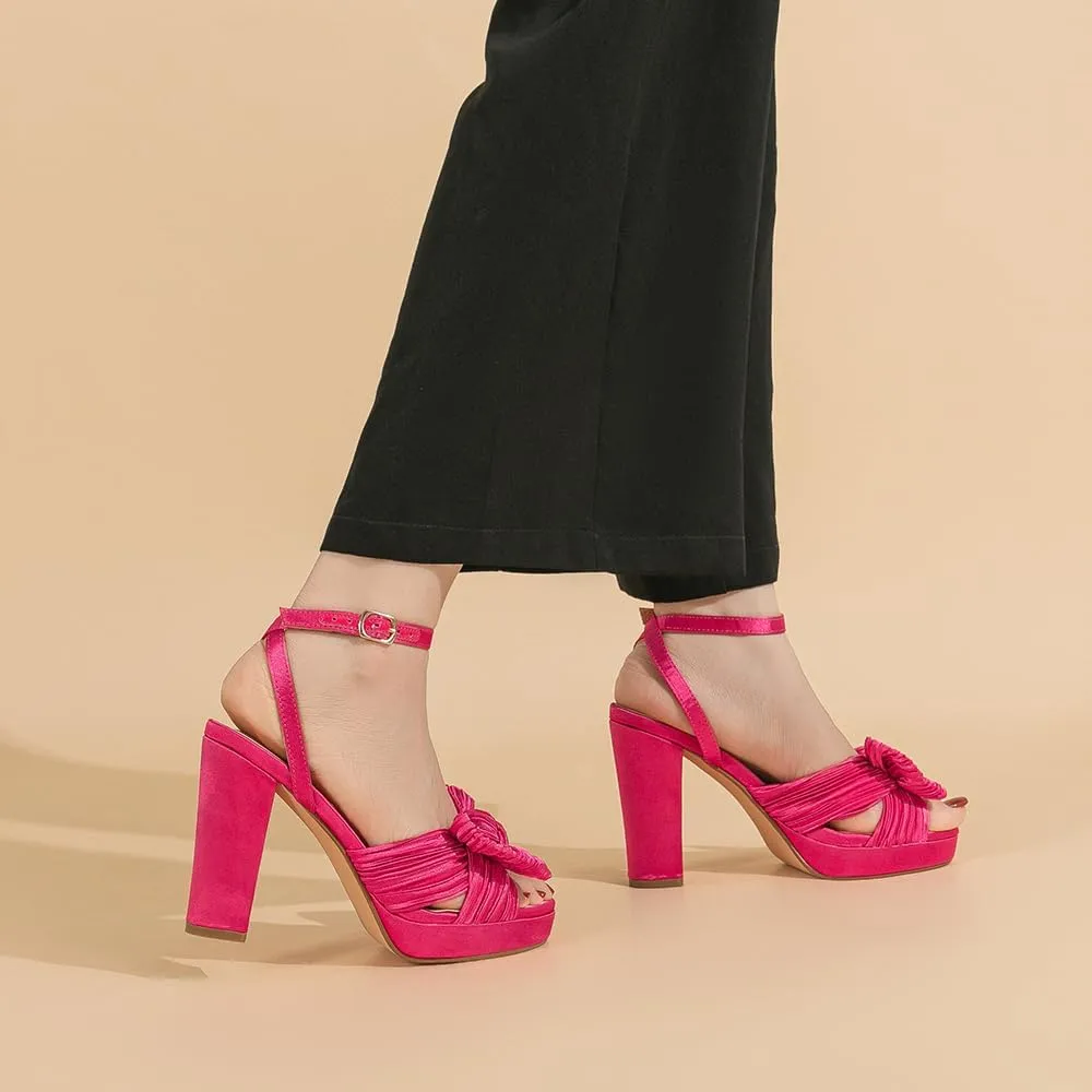 Amoji Women's Chunky Platform Heels 4'' Bowknot Heeled Sandal Wedding With Ankle Strap 302F4