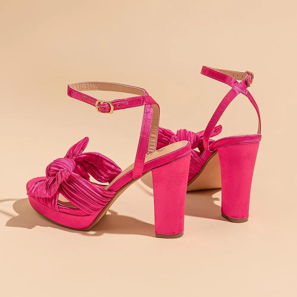 Amoji Women's Chunky Platform Heels 4'' Bowknot Heeled Sandal Wedding With Ankle Strap 302F4