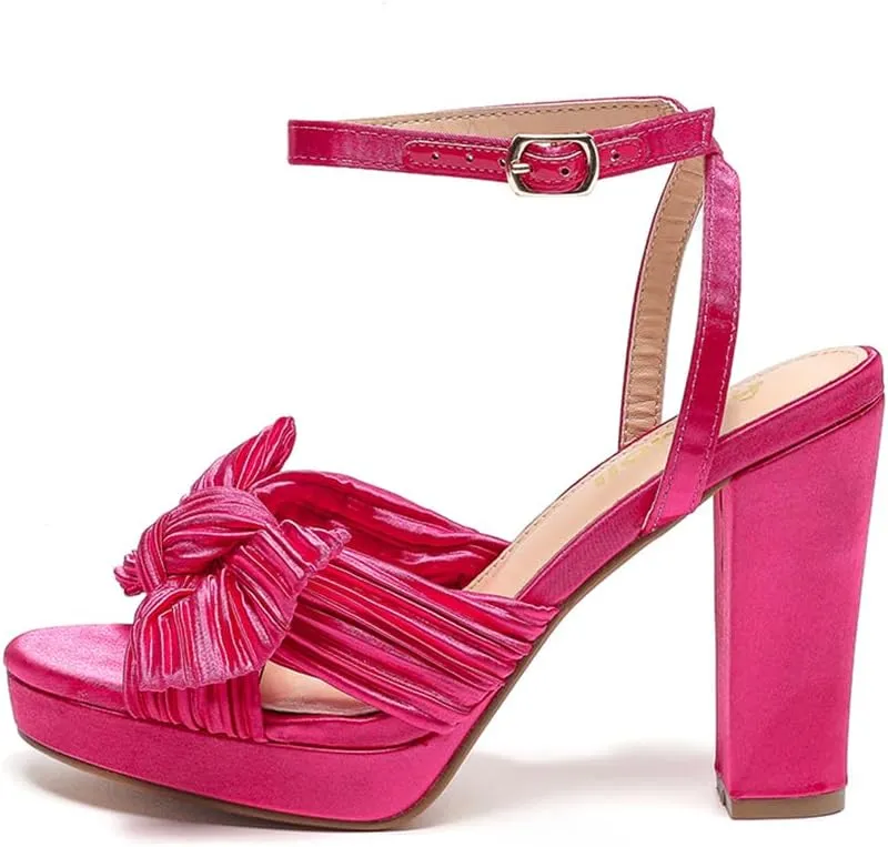 Amoji Women's Chunky Platform Heels 4'' Bowknot Heeled Sandal Wedding With Ankle Strap 302F4