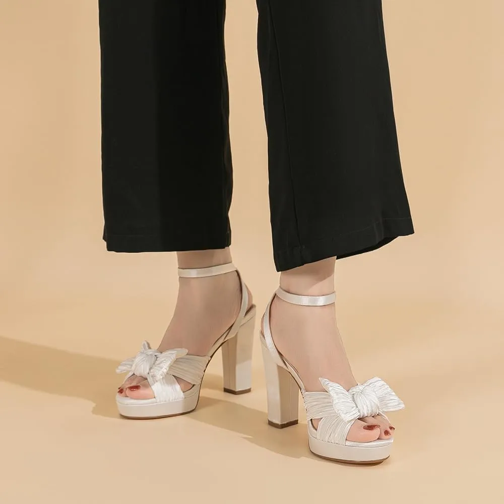 Amoji Women's Chunky Platform Heels 4'' Bowknot Heeled Sandal Wedding With Ankle Strap 302F4