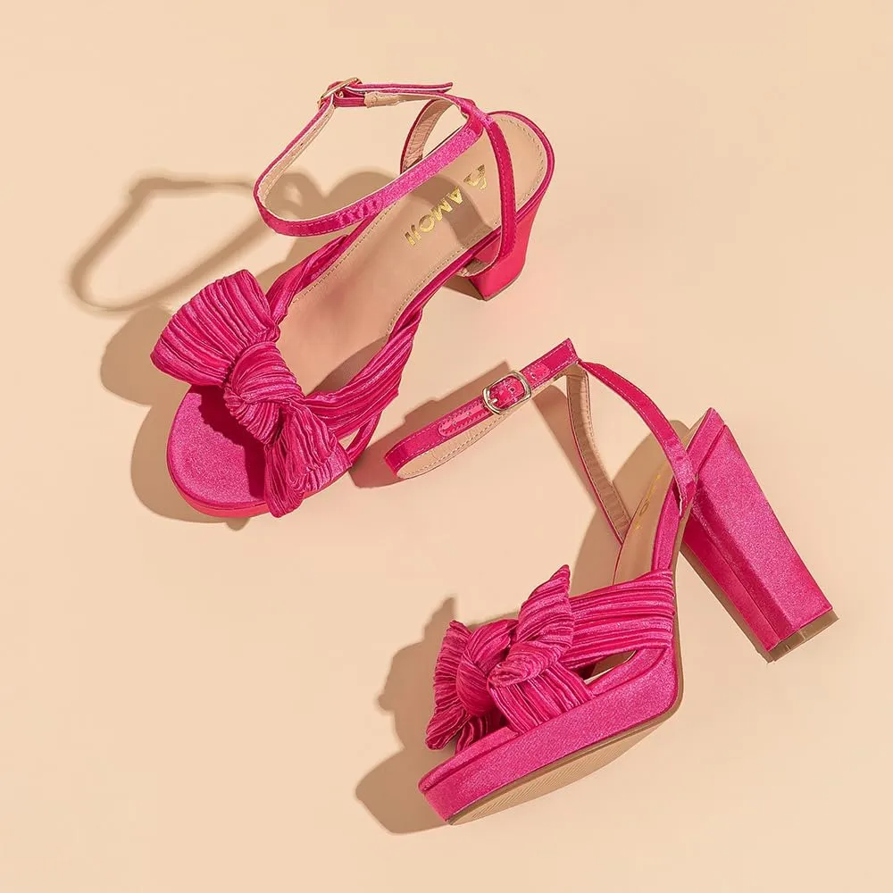 Amoji Women's Chunky Platform Heels 4'' Bowknot Heeled Sandal Wedding With Ankle Strap 302F4