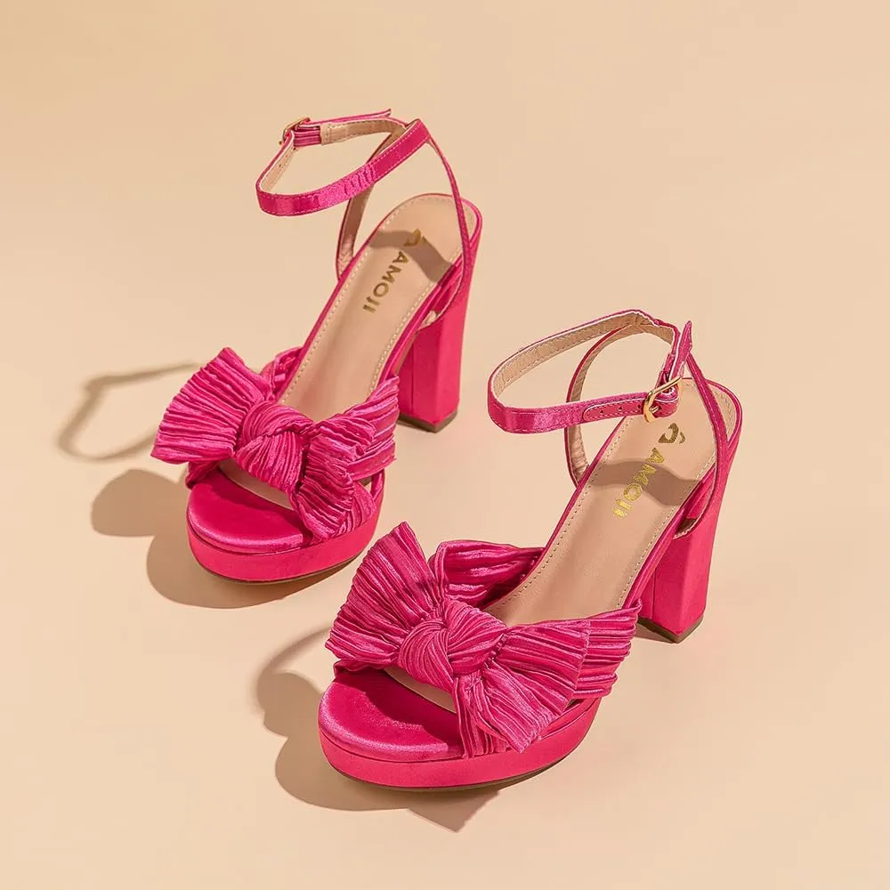 Amoji Women's Chunky Platform Heels 4'' Bowknot Heeled Sandal Wedding With Ankle Strap 302F4