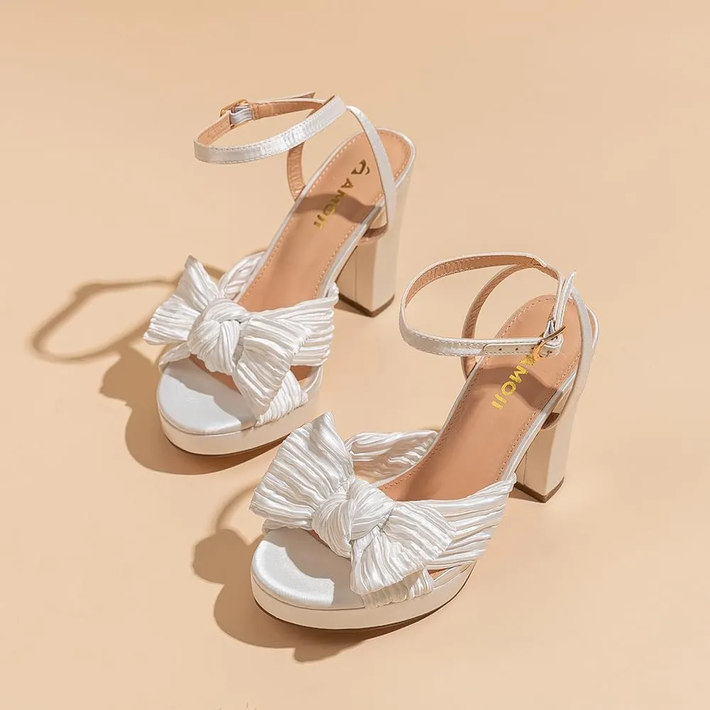 Amoji Women's Chunky Platform Heels 4'' Bowknot Heeled Sandal Wedding With Ankle Strap 302F4