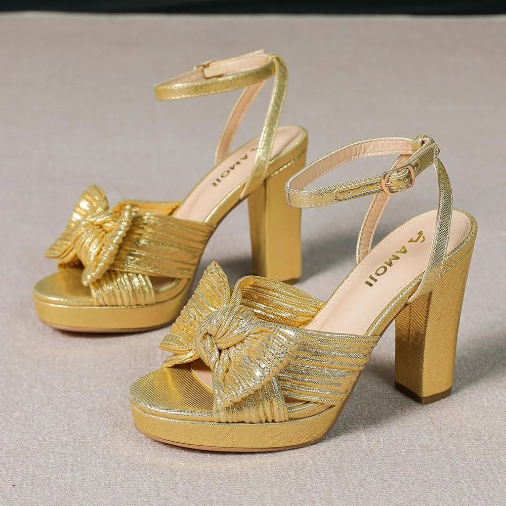 Amoji Women's Chunky Platform Heels 4'' Bowknot Heeled Sandal Wedding With Ankle Strap 302F4